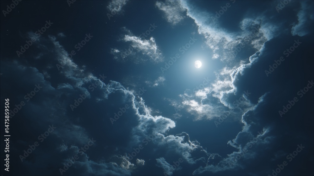 Fototapeta premium Serene Night Sky with Moon Illuminating Dramatic Cloud Formation