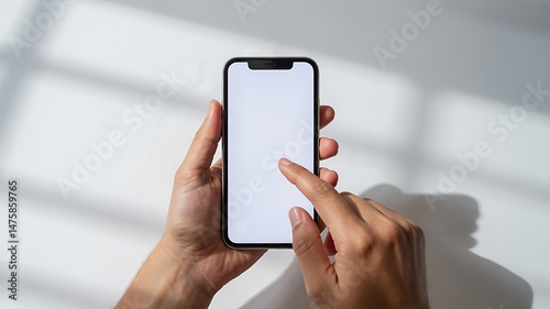 Person Using Smartphone With Blank Screen For App Design Or Mobile Website Mockup With Sunlight Shadows On Background