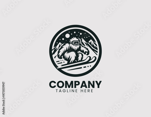 Yeti with Goggles Skiing Down Snowy Mountain Vector Logo Design, Skiing Yeti with Goggles Snowy Mountain Vector Logo