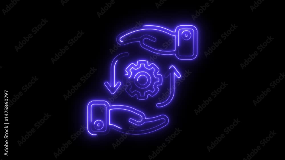 Neon hands rotating gear with arrows collaboration process workflow maintenance engineering automated system efficiency innovation solution