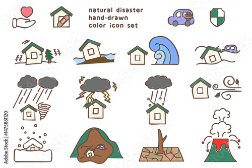 天災・自然災害のベクターアイコンイラストセット　カラー　手書き風