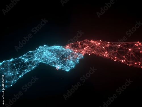 Futuristic Handshake with Blue and Red Connecting Lines in Dark Space