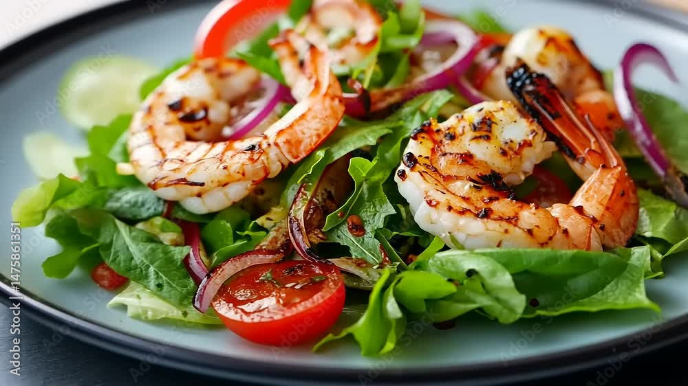 Grilled shrimp salad with fresh greens and tomatoes, served on a plate with vibrant colors Grilled shrimp salad with fresh greens and tomatoes, served on a plate with vibrant colors