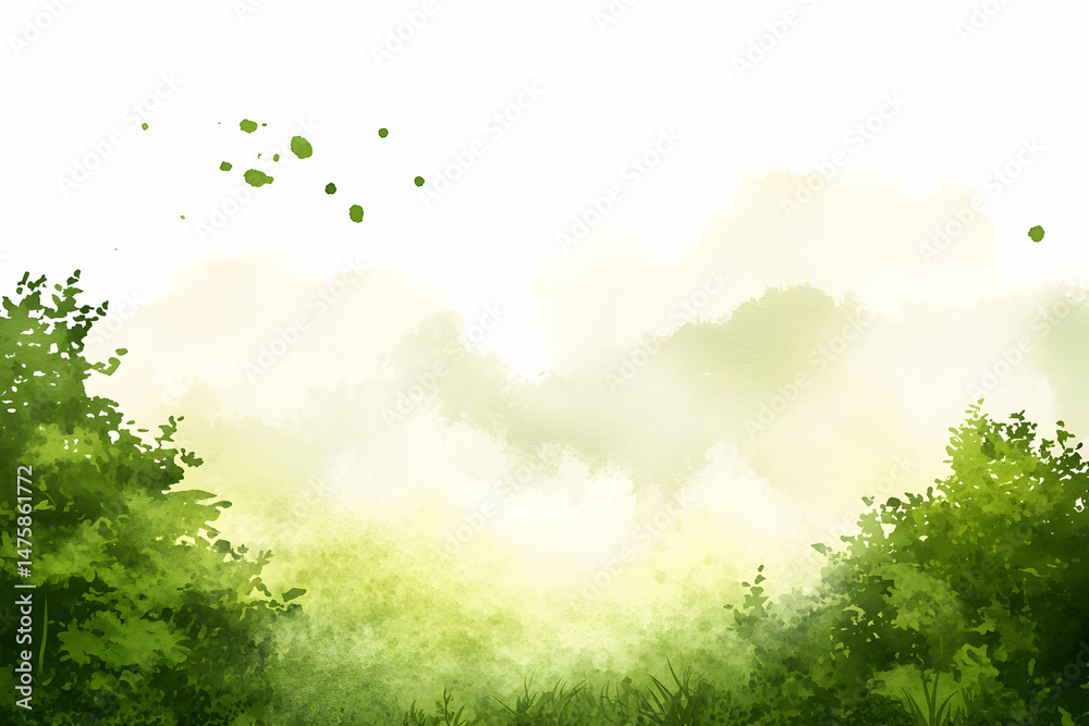Fototapeta premium Serene watercolor landscape painting; lush green foliage, misty background, ideal for tranquil designs.