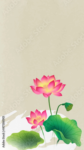 Chinese style vertical illustration watercolor style lotus flower