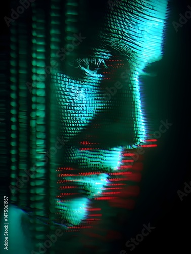 Abstract Portrait with Digital Patterns and Neon Light Effects