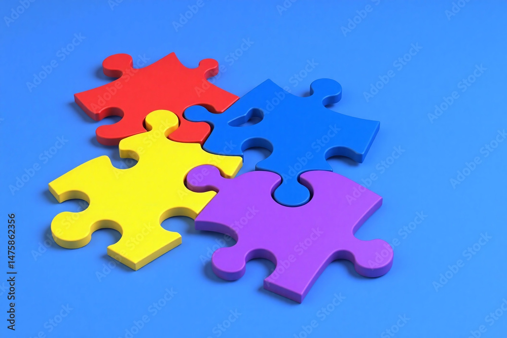 four colorful puzzle pieces on a blue background four colorful puzzle pieces on a blue background