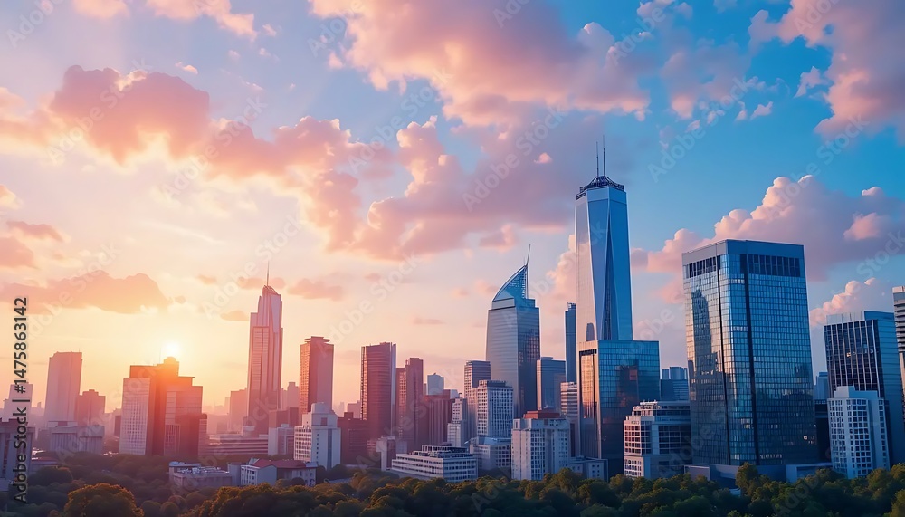 Fototapeta premium A vibrant cityscape emerges at dawn, bathed in warm, pastel colors and tranquil, luminous light.