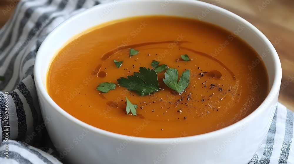 Creamy, orange soup in a white bowl, garnished with herbs. Creamy, orange soup in a white bowl, garnished with herbs.