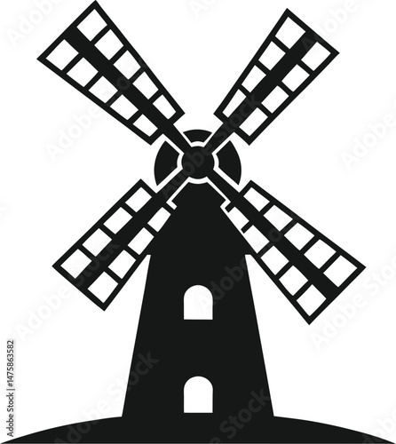 Silhouette Windmill Icon with Rotating Blades Isolated on White Background for Farm and Rustic Design