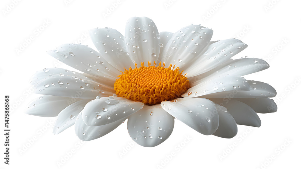 Fototapeta premium A Beautiful White Daisy Blossom with Dew Drops Reflecting Nature's Wonder in Detail