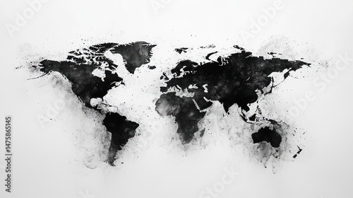 Abstract World Map, Black and White Ink Splatter Depiction of Global Connectivity