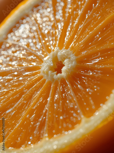 Close-up view of fresh orange slice with droplets glistening in warm sunlight at midday