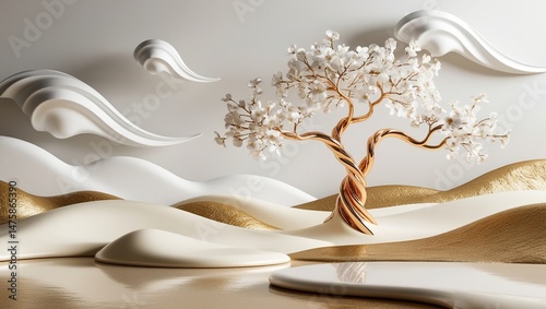 Dreamy Golden Tree with White Blossoms and Flowing Shapes
