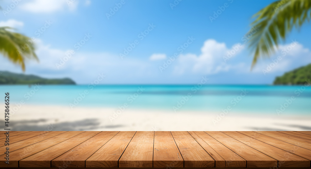 Fototapeta premium Tropical beach with wooden table