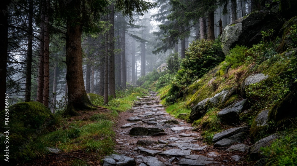 Fototapeta premium Tranquil Forest Pathway Amidst Mist and Lush Greenery