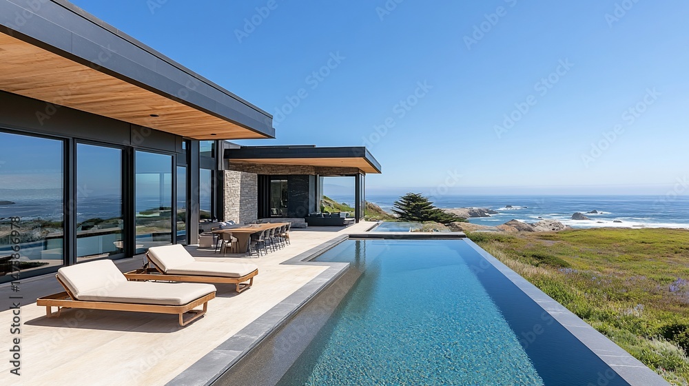 Fototapeta premium Oceanfront home with infinity pool and expansive deck