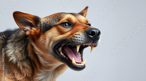 Aggressive dog get angry and bares his teeth. Dog shows dangerous teeth and ready to attack. Rabies vaccination and prevention, immunization and treatment of infection. Homeless animal concept