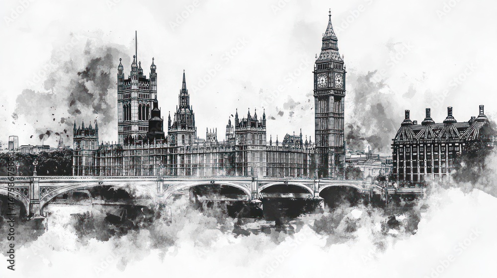 Fototapeta premium Monochromatic Majesty: A Watercolor Impression of London's Iconic Houses of Parliament and Big Ben