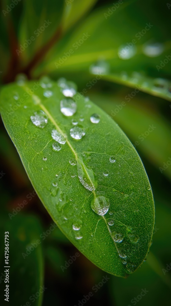Fototapeta premium Fresh green leaf with glistening water droplets, a symbol of nature's delicate beauty