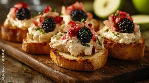 Wallpaper Mural Delicious bruschetta with soft cheese, strawberries, and blackberries on wooden board. Use this image for food blogs, recipes, or catering service promotions. Torontodigital.ca
