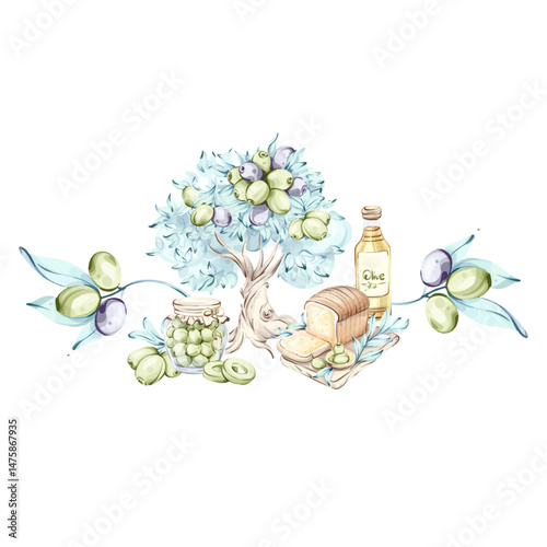 Watercolor illustrations celebrating olives olive oil and their role in Italian cuisine and nature frame, border, arrangement