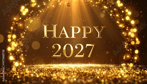 Golden happy new year card 2027  with a light shining through it