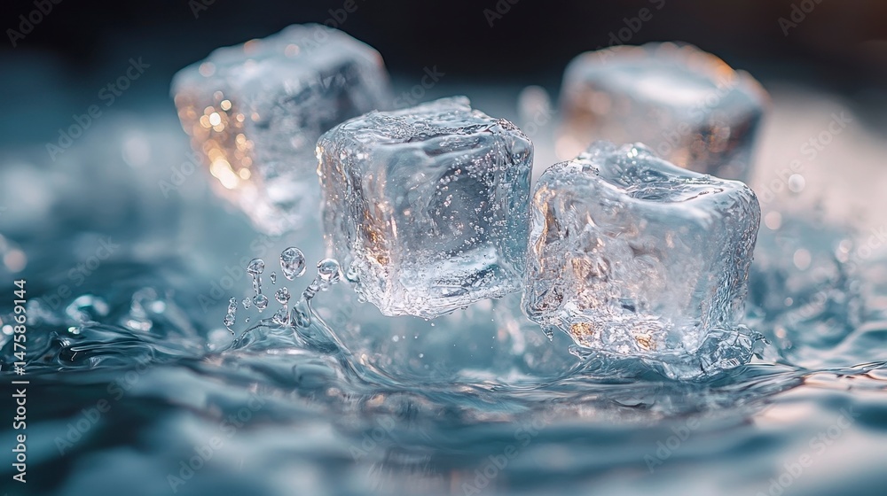 Obraz premium Clear ice cubes in water. Light reflects off the cubes and surrounding liquid