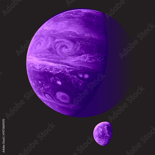 Purple planet with a moon orbiting around featuring swirling clouds and storms