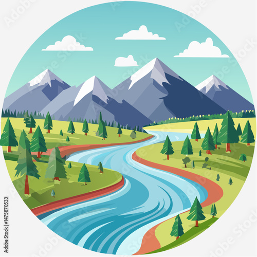 Majestic mountains rise over a winding road in a vibrant summer landscape with green trees under a blue sky