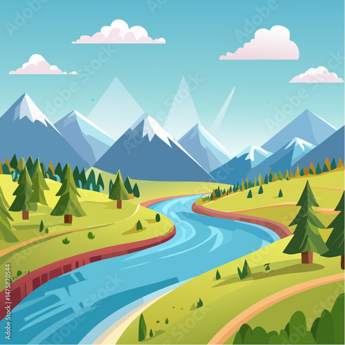 Green grass and trees cover a summer landscape with mountains and hills under a blue sky with clouds, a road winding through the scenery
