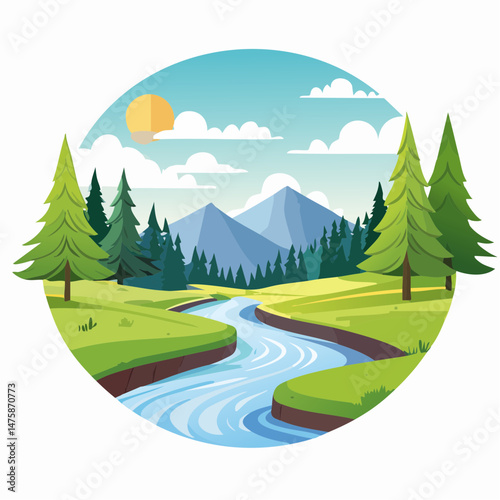 Mountain nature scene with blue sky, green hills, and a distant river