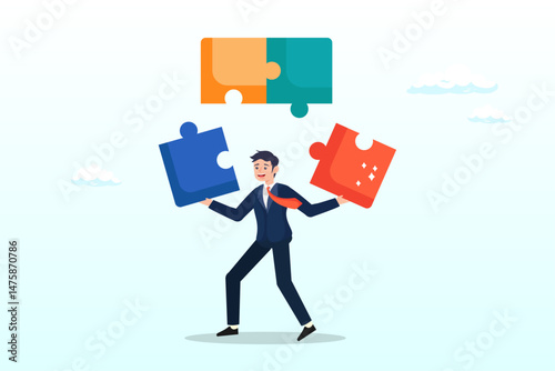 Connect jigsaw piece to resolve work or business trouble, complete jigsaw puzzle, solve puzzle problem, think of solution, finish or accomplishment, creativity idea or challenge