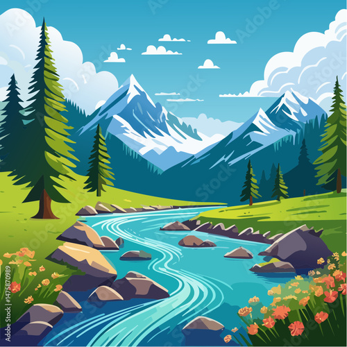 A refreshing snowy mountain landscape viewed from a field filled with green grass and pine trees, with a long, clean river flowing through it, and some rocks alongside the river