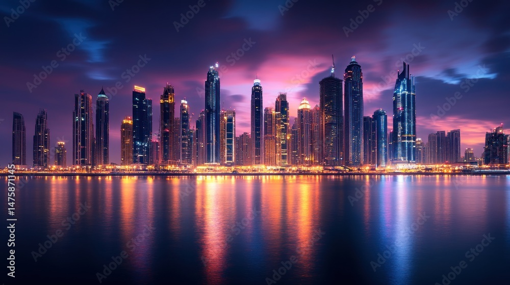 Fototapeta premium Dubai Marina Skyline at Twilight: A Breathtaking Panorama of Modern Architecture and City Lights Reflecting on Calm Waters