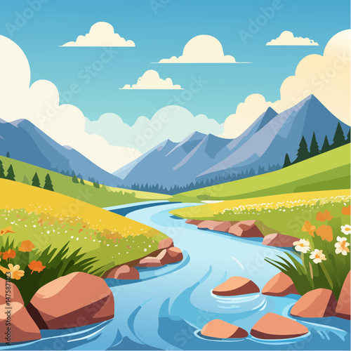 Serene Landscape: A picturesque river meanders through a vibrant valley, framed by majestic mountains and a bright sky filled with fluffy clouds, invoking a sense of peace and natural beauty.