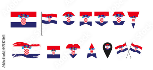 Croatian flag set of icons. Vector flag of Croatian symbol. Set of Croatian flags button, waved, heart, brush, start various objects and state signs and shape


