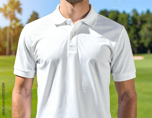 Closeup Of White Polo Shirt On Man In Golf Course