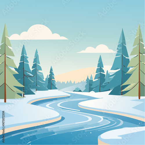 A snowy winter landscape unfolds with frost-kissed pine trees under a cold, white sky in a serene mountain forest scene