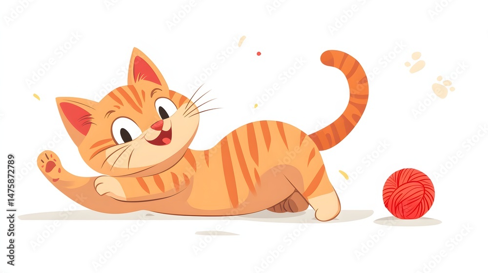 Fototapeta premium Playful orange tabby kitten chasing a ball of yarn.