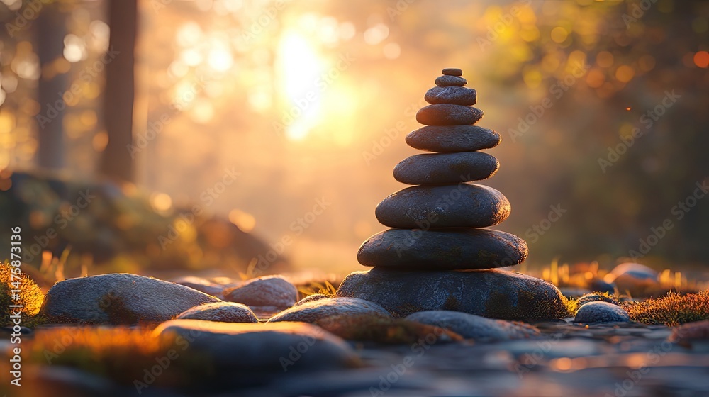 Obraz premium Balanced stones tower in a serene forest at dawn.