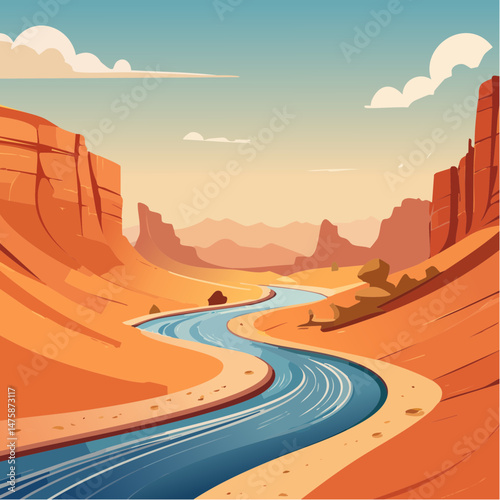 Desert River Landscape: A meandering river cuts through a vibrant desert landscape, flanked by towering sandstone cliffs under a clear, sunny sky.