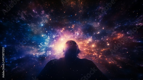 Human Silhouette Facing Expanding Galaxy in Cosmic Awakening