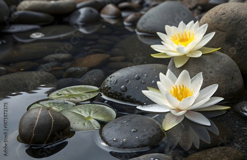 White Water lilies on sark stones with some water drops