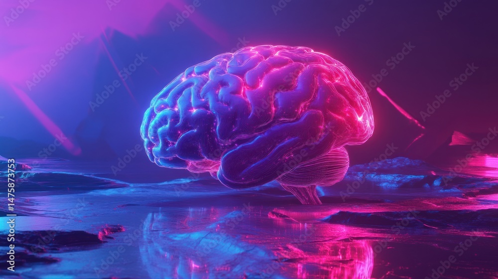 Obraz premium Neon Brain: A Mind Illuminated in a Surreal Landscape
