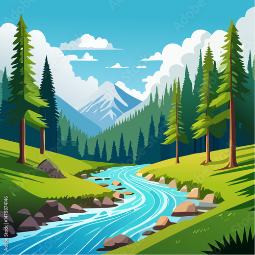 Mountain River:  A captivating illustration of a vibrant mountain river flowing through a picturesque valley surrounded by verdant forest and snow-capped peaks. The sun shines brightly on the scene.