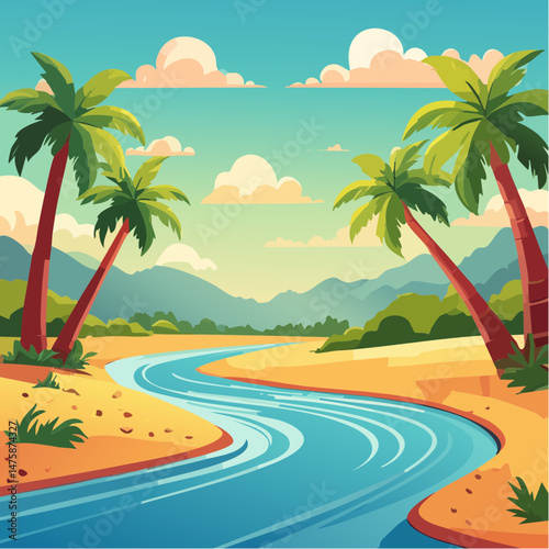 Tropical island illustration of a summer beach with palm trees under a vibrant sky and ocean