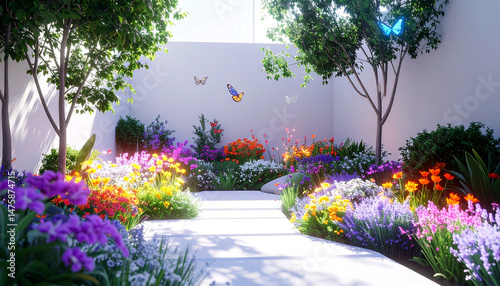Tranquil garden courtyard with holographic butterflies, AI-managed irrigation systems, and genetically modified flowers glowing in vibrant hues, nature and innovation coexisting