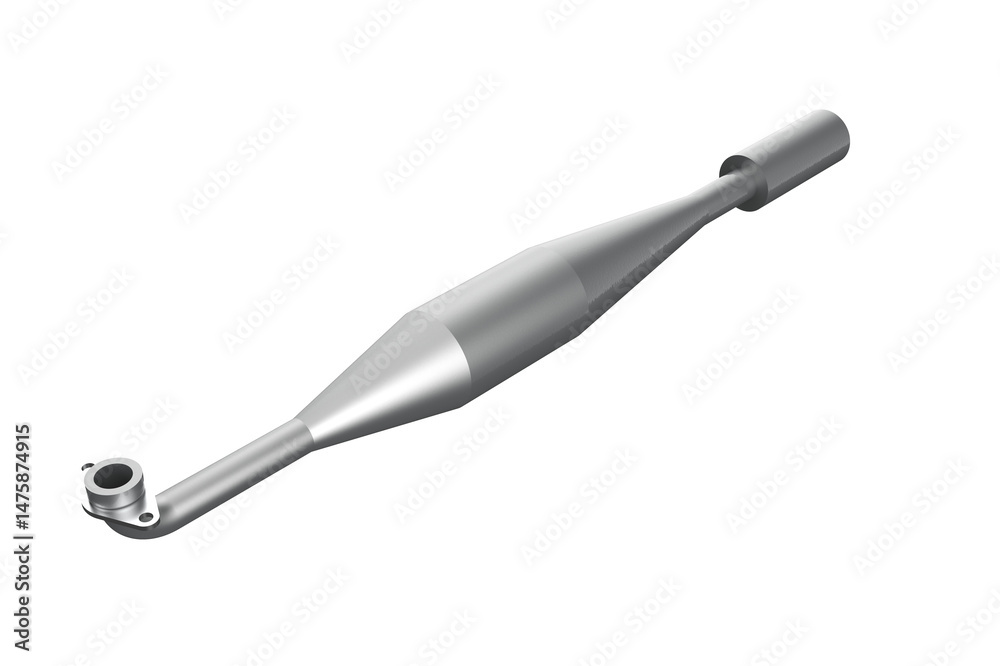 Fototapeta premium Metallic Exhaust Pipe Muffler for a Two-Wheeled Vehicle, Silencer Unit for a Small Displacement Motorcycle or Scooter, MOTORBIKE MUFFLER, Aftermarket, Simple Gray Noise Reduction on a PNG Transparent 
