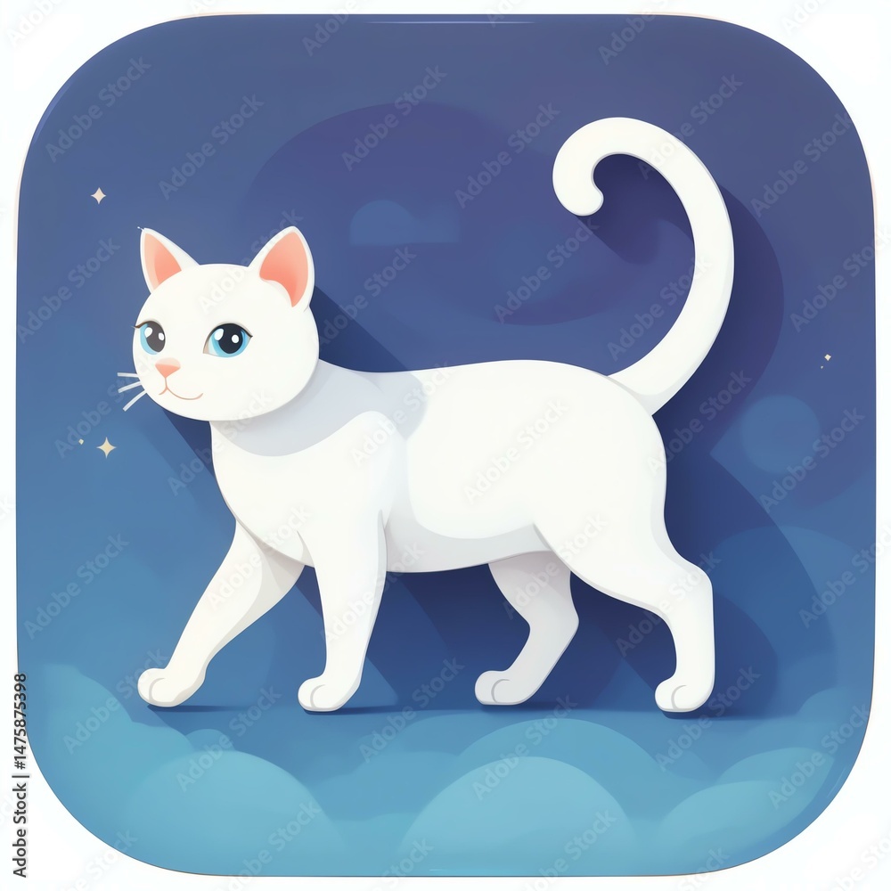 A charming cartoon illustration of a white cat, playfully walking against a dreamy blue background. A charming cartoon illustration of a white cat, playfully walking against a dreamy blue background.